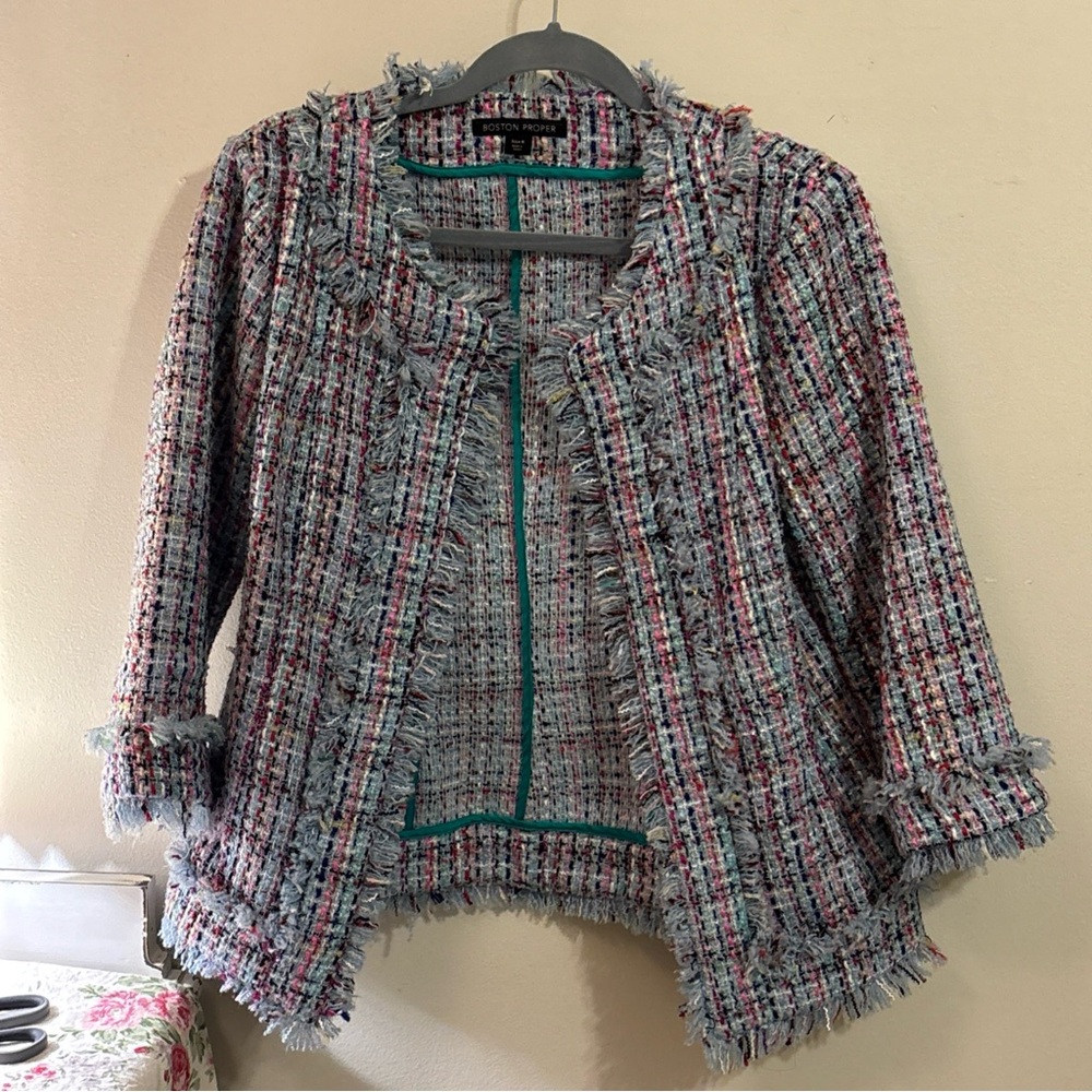 Boston Proper Multicolor Tweed Fringe Jacket - Light Blue Mix